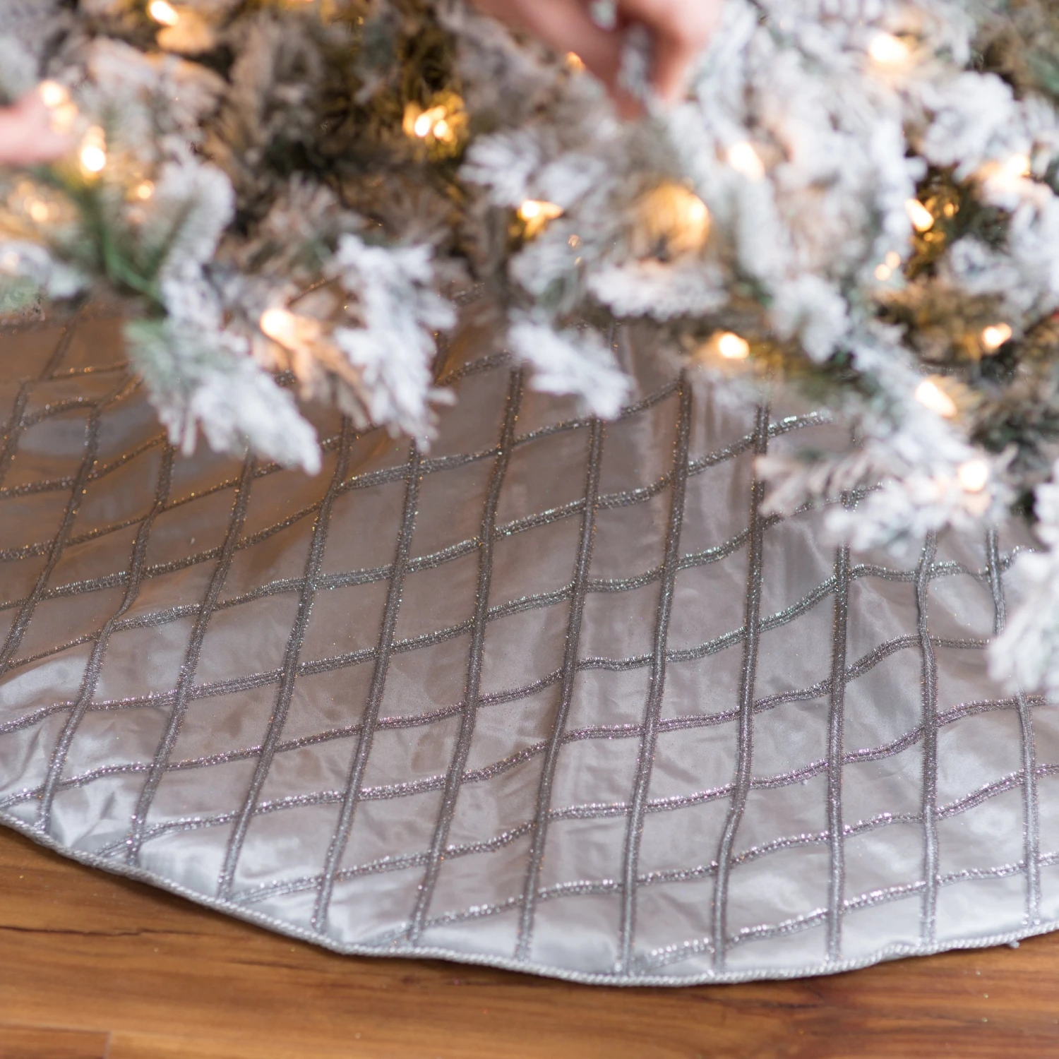48" Silver Sparkling Criss-Cross Trim Silk Christmas Tree Skirt 1 48" Silver Sparkling Criss-Cross Trim Silk Christmas Tree Skirt