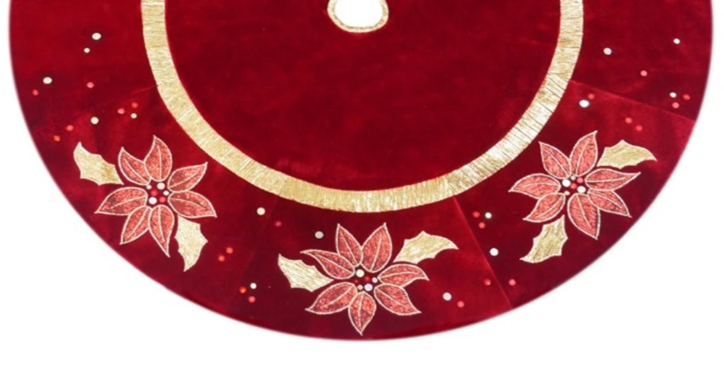 48" Burgundy Applique And Embroidered Poinsettia Velvet Christmas Tree Skirt 2 48" Burgundy Applique And Embroidered Poinsettia Velvet Christmas Tree Skirt - Image 2