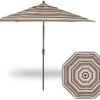 11' Auto Tilt Market Bronze Frame Sahara Stripe Canopy Umbrella