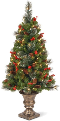 4' Classic Spruce Entrance Tree With Cones, Glitter, Red Berries, Silver Bristle And 100 Clear Lights In Decorative Urn -Courtyard Home Furnishings Store 041058
