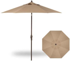 9' Auto Tilt Market Bronze Frame Sesame Linen Canopy Umbrella Thin Pole