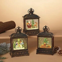 8.25" Battery-Operated Antique Bronze Spinning Water Globe Lantern With Holiday Scene -Courtyard Home Furnishings Store 088270