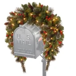 36" Battery-Operated Classic Spruce Mailbox Swag With Warm White Lights, Pine Cones And Berries