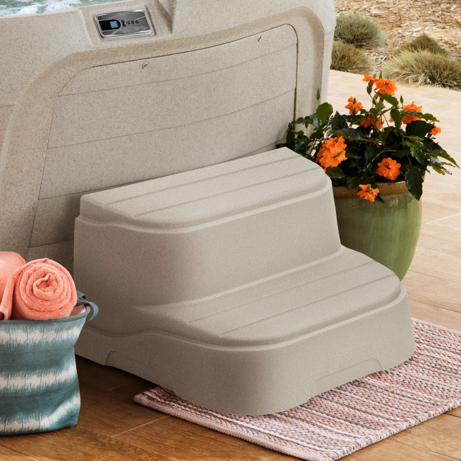 Curved Sand Roto Molded Spa Steps For Freeflow Cascina Hot Tub 1 Curved Sand Roto Molded Spa Steps For Freeflow Cascina Hot Tub