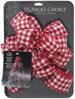 11" X 53" Red/White 16-Loop Gingham Woven Christmas Tree Topper Bow