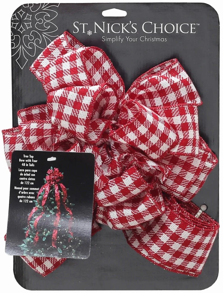 11" X 53" Red/White 16-Loop Gingham Woven Christmas Tree Topper Bow 1 11" X 53" Red/White 16-Loop Gingham Woven Christmas Tree Topper Bow