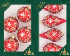 Set Of 4 Red And Gold Snowflake Ornaments