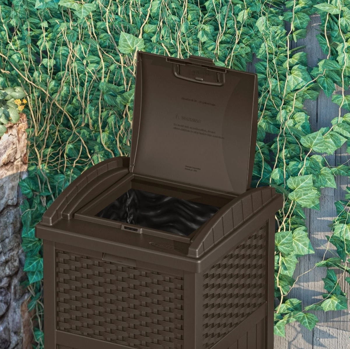 Suncast 30 Gallon Resin Wicker Outdoor Trash Hideaway® Container 2 Suncast 30 Gallon Resin Wicker Outdoor Trash Hideaway® Container - Image 2