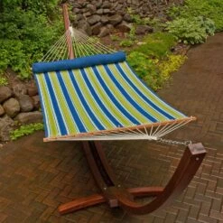 13' Quilted Blue & Lime Green Striped Hammock Bed With Bolster Pillow -Courtyard Home Furnishings Store 2937DL Alt1