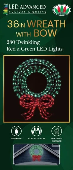 Twinkling Green LED Wreath Sculpture With Red Bow -Courtyard Home Furnishings Store 36in Wreath