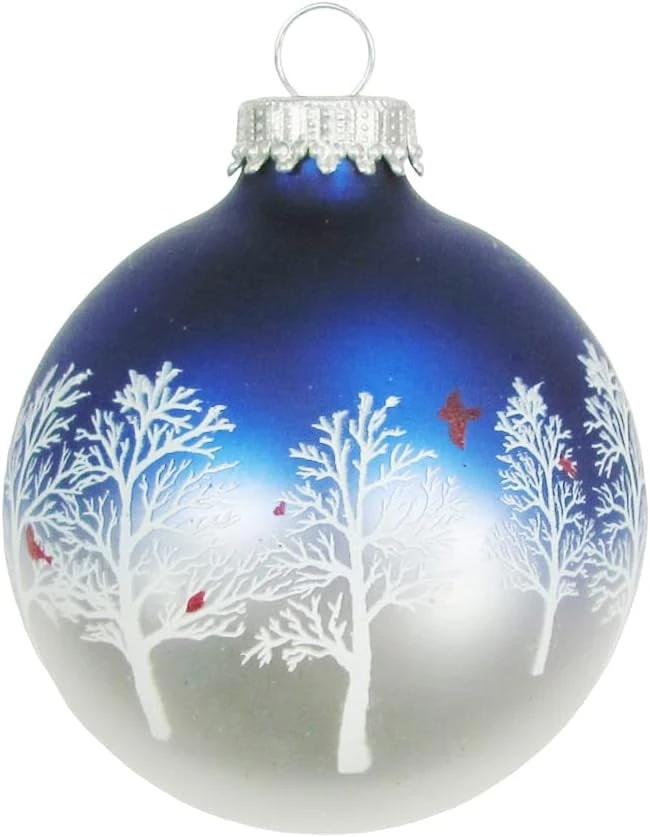 Set Of 4 Blue & Pearl Glass Ornaments With Snowy Trees & Cardinals 2 Set Of 4 Blue & Pearl Glass Ornaments With Snowy Trees & Cardinals - Image 2