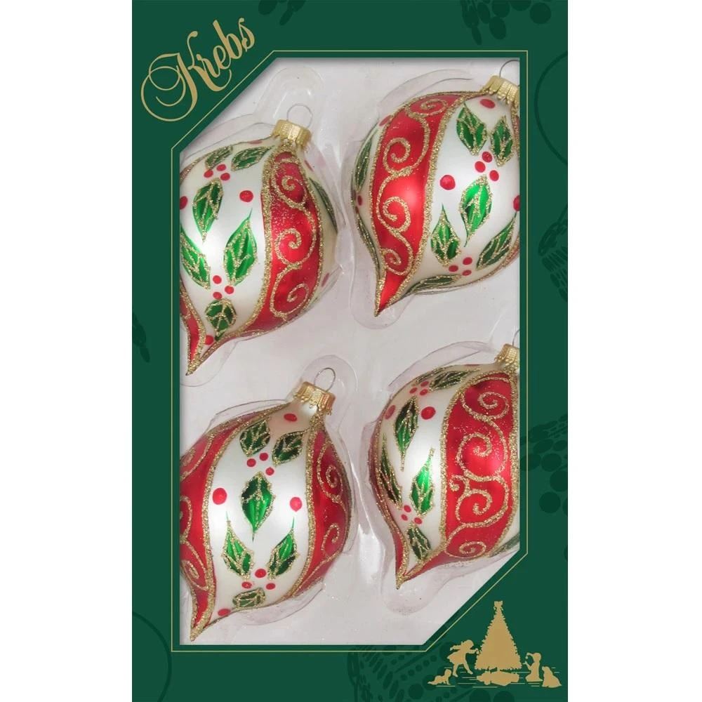 Set Of 4 Chiffon Red Stripe, Green Holly Leaves And Gold Glitter Glass Christmas Ornaments 4 Set Of 4 Chiffon Red Stripe, Green Holly Leaves And Gold Glitter Glass Christmas Ornaments - Image 4