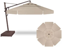 13' Octagon Cantilever Bronze Frame Champagne Linen Canopy Umbrella With Base
