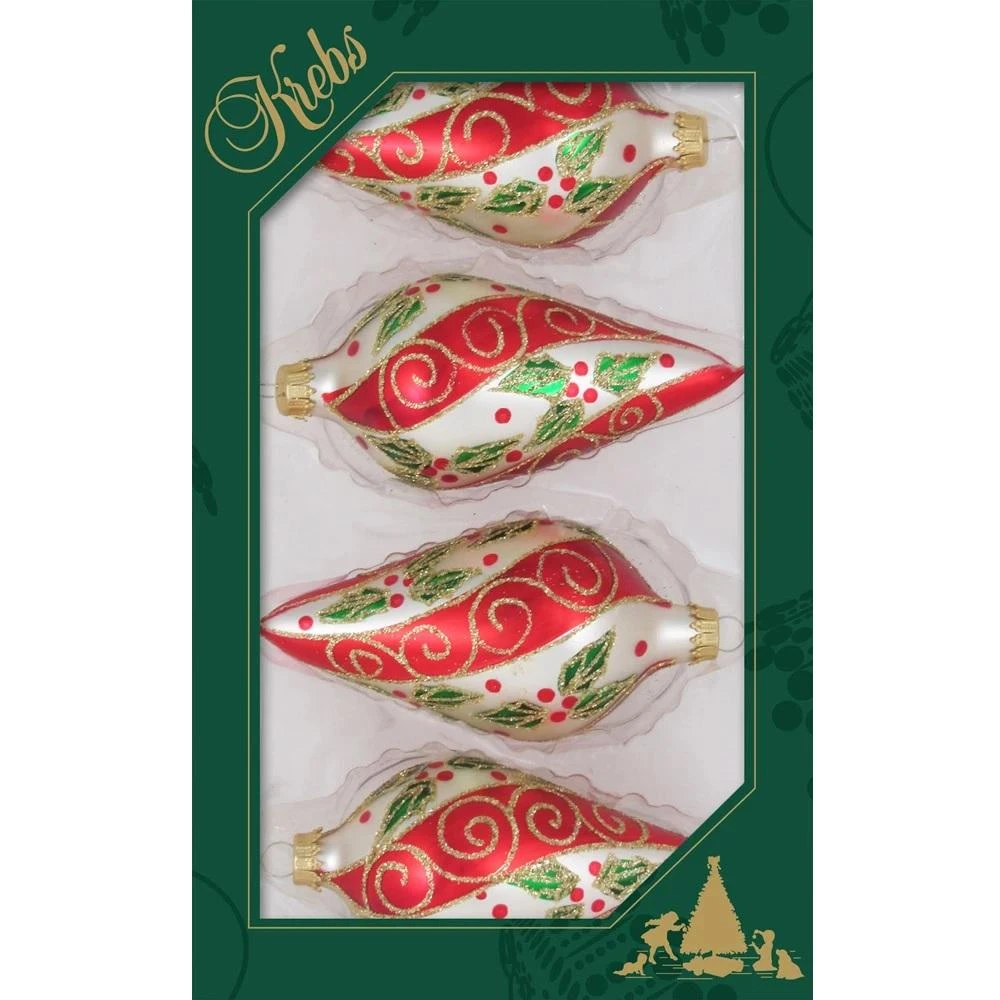 Set Of 4 Chiffon Red Stripe, Green Holly Leaves And Gold Glitter Glass Christmas Ornaments 2 Set Of 4 Chiffon Red Stripe, Green Holly Leaves And Gold Glitter Glass Christmas Ornaments - Image 2