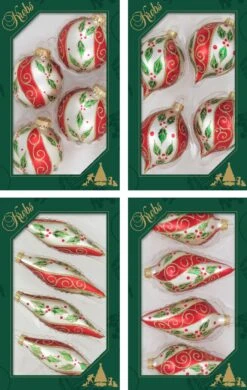 Set Of 4 Chiffon Red Stripe, Green Holly Leaves And Gold Glitter Glass Christmas Ornaments