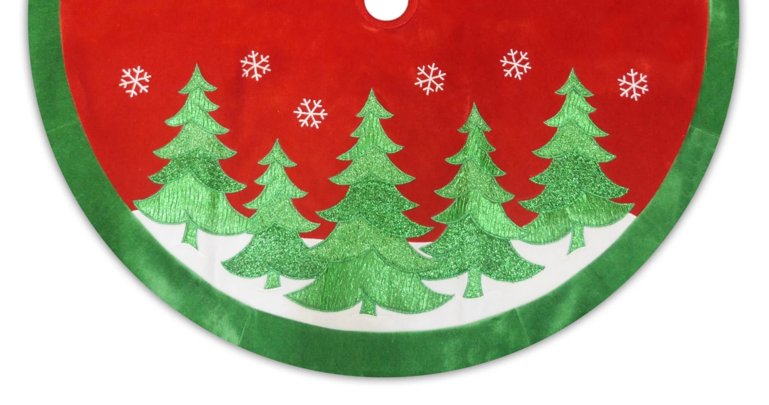 48" Red Velvet Christmas Tree Skirt With Green Appliqued Trees 2 48" Red Velvet Christmas Tree Skirt With Green Appliqued Trees - Image 2