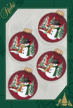 Set Of 4 Port Velvet Glass Ball Ornaments With Snowman Hugging Bear