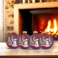 Set Of 4 Port Velvet Glass Ball Ornaments With Snowman Hugging Bear -Courtyard Home Furnishings Store 989062 3