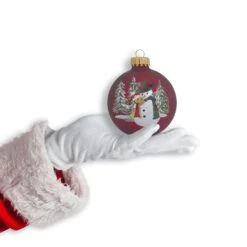 Set Of 4 Port Velvet Glass Ball Ornaments With Snowman Hugging Bear -Courtyard Home Furnishings Store 989062 4