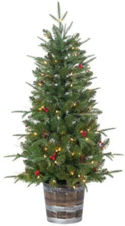 6' Potted Natural Cut Portland Pre-Lit Pine With Pine Cones & Red Berries