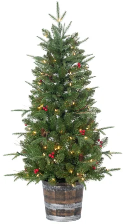 6' Potted Natural Cut Portland Pre-Lit Pine With Pine Cones & Red Berries