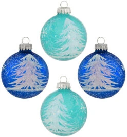 Set Of 4 Feathery Tree Glass Ornaments (Aqua/Blue)