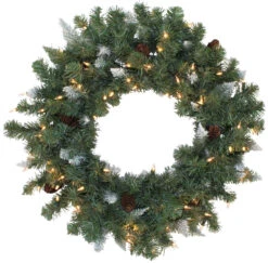 30" Pre-Lit Montana Wreath With White Tips And Pine Cones