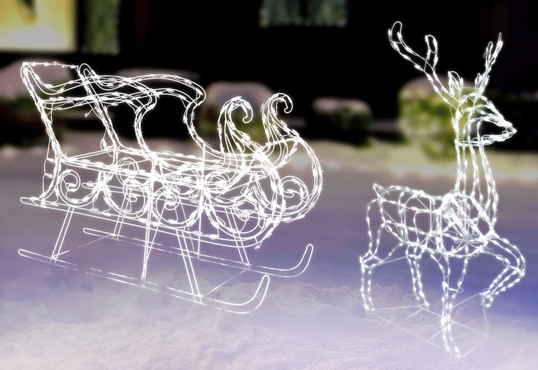 2-Piece Pure White Twinkling LED Sleigh And Elegant Buck Wire Sculpture Set 2 2-Piece Pure White Twinkling LED Sleigh And Elegant Buck Wire Sculpture Set - Image 2