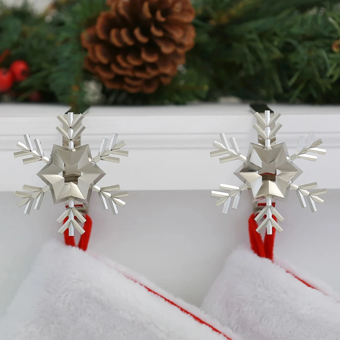 The Original MantleClip® Stocking Holder With Removable Metal Holiday Icons, 2 Pack - Silver Snowflakes 1 The Original MantleClip® Stocking Holder With Removable Metal Holiday Icons, 2 Pack - Silver Snowflakes