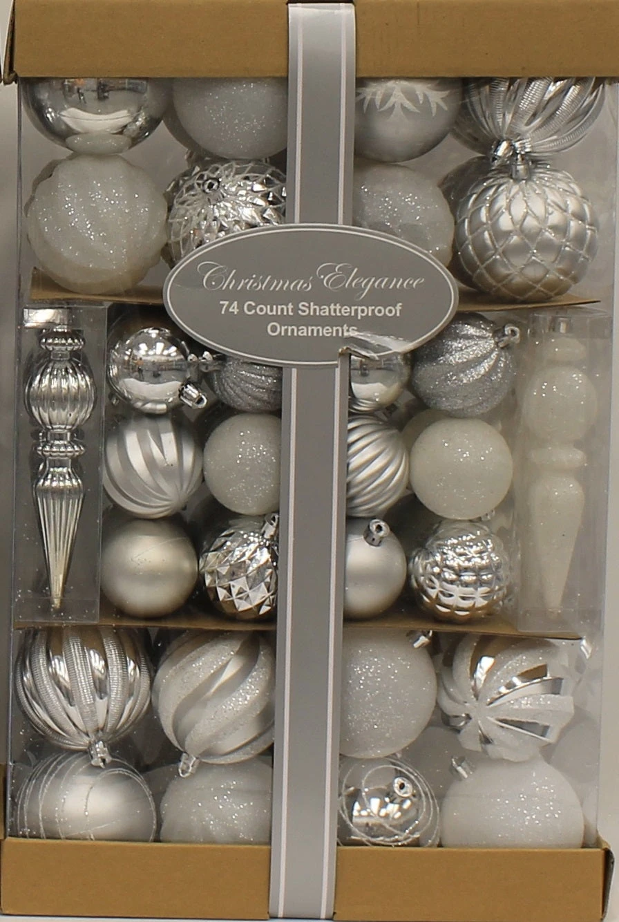 74-Pack Of Textured Christmas Ornaments (Silver/White) 3 74-Pack Of Textured Christmas Ornaments (Silver/White) - Image 3