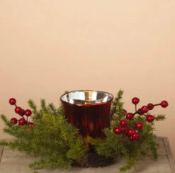 10" Rustic Faux Pine And Berry Christmas Decorative Floral Candle Ring With Metallic Silver Glass Votive Candle Holder -Courtyard Home Furnishings Store 997174 3