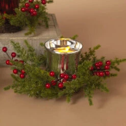 10" Rustic Faux Pine And Berry Christmas Decorative Floral Candle Ring With Metallic Silver Glass Votive Candle Holder -Courtyard Home Furnishings Store 997174 4