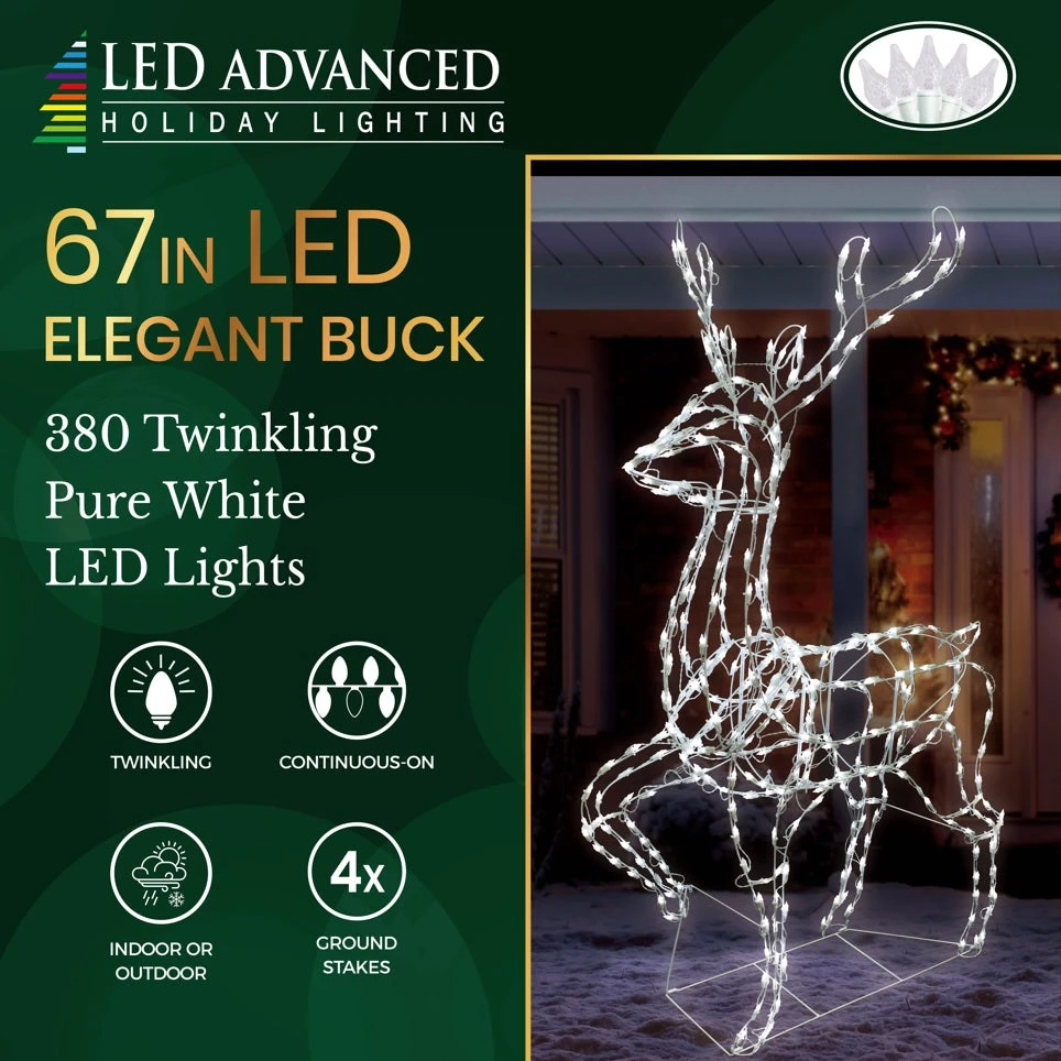2-Piece Pure White Twinkling LED Sleigh And Elegant Buck Wire Sculpture Set 3 2-Piece Pure White Twinkling LED Sleigh And Elegant Buck Wire Sculpture Set - Image 3