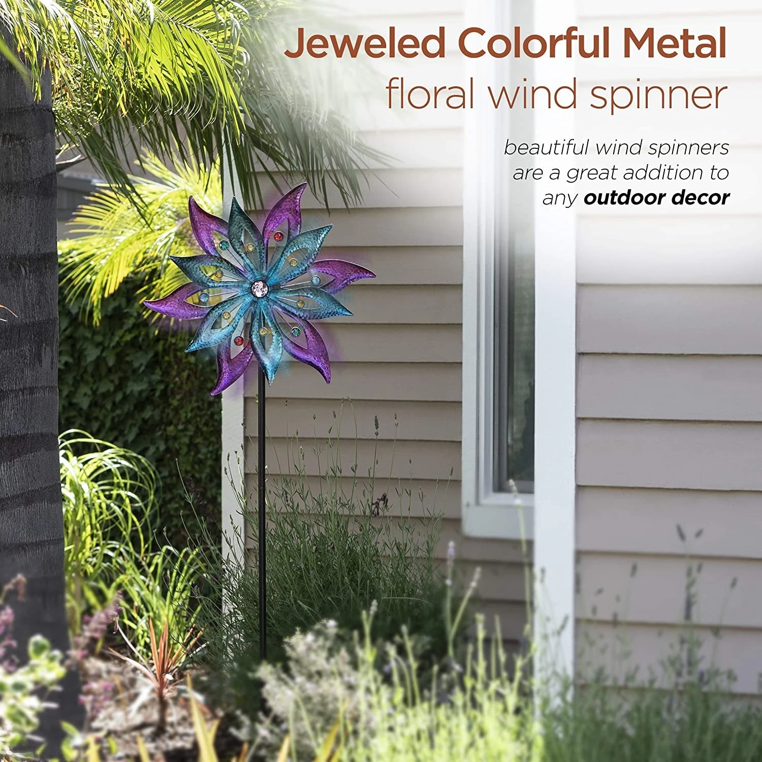 Purple And Aqua Floral Windmill Stake With Gems Kinetic Spinner 7 Purple And Aqua Floral Windmill Stake With Gems Kinetic Spinner - Image 7