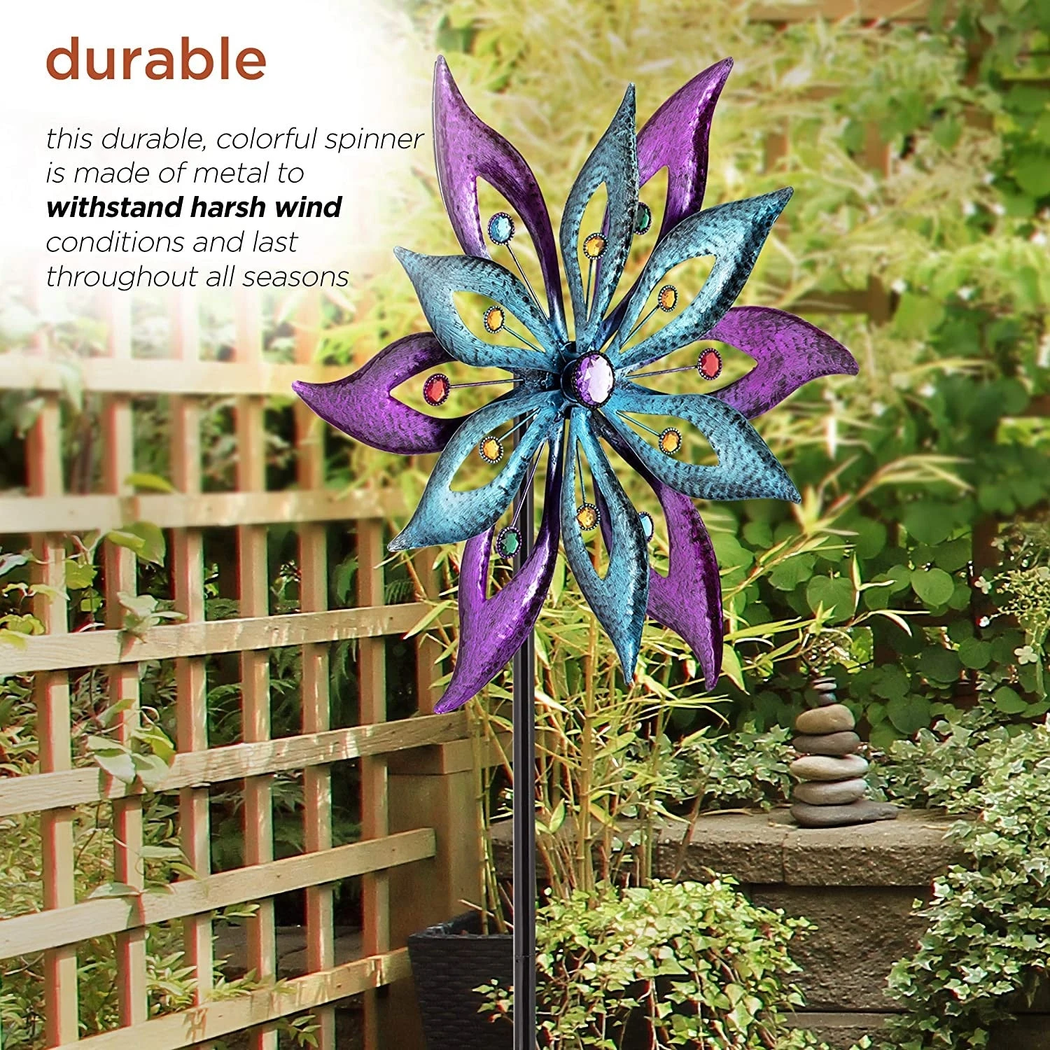 Purple And Aqua Floral Windmill Stake With Gems Kinetic Spinner 1 Purple And Aqua Floral Windmill Stake With Gems Kinetic Spinner