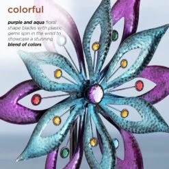 Purple And Aqua Floral Windmill Stake With Gems Kinetic Spinner 10 Purple And Aqua Floral Windmill Stake With Gems Kinetic Spinner -Courtyard Home Furnishings Store 998155 6