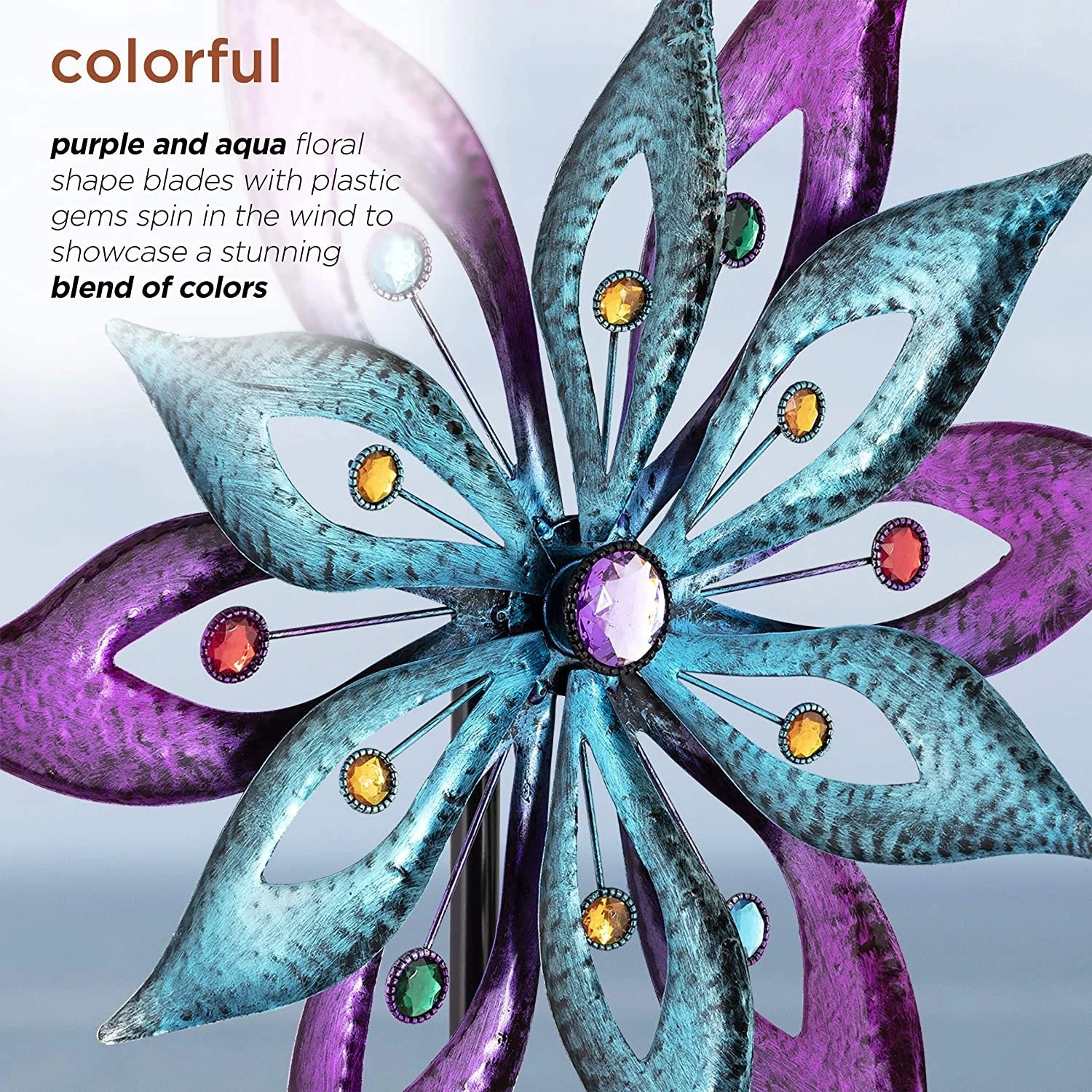 Purple And Aqua Floral Windmill Stake With Gems Kinetic Spinner 3 Purple And Aqua Floral Windmill Stake With Gems Kinetic Spinner - Image 3