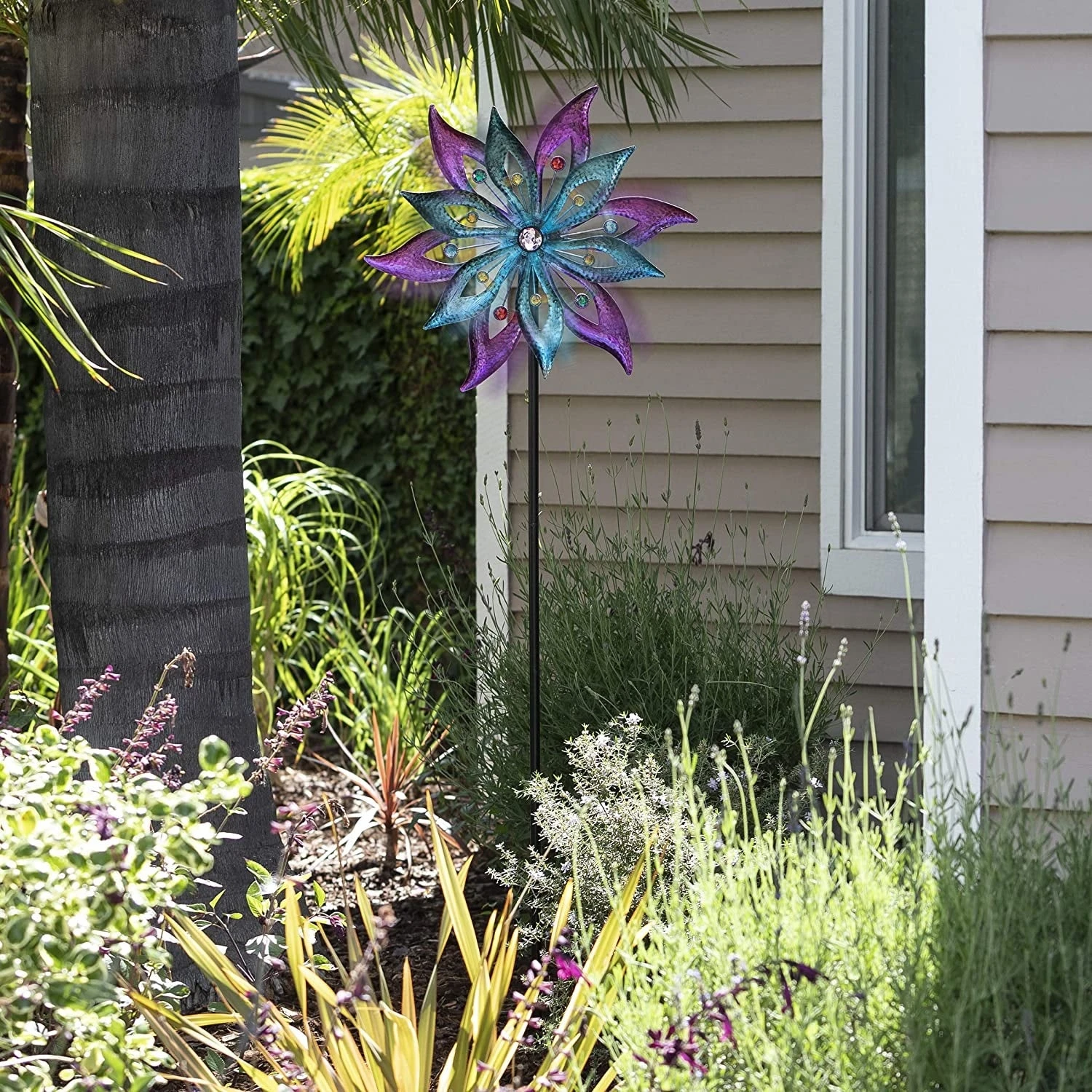 Purple And Aqua Floral Windmill Stake With Gems Kinetic Spinner 4 Purple And Aqua Floral Windmill Stake With Gems Kinetic Spinner - Image 4