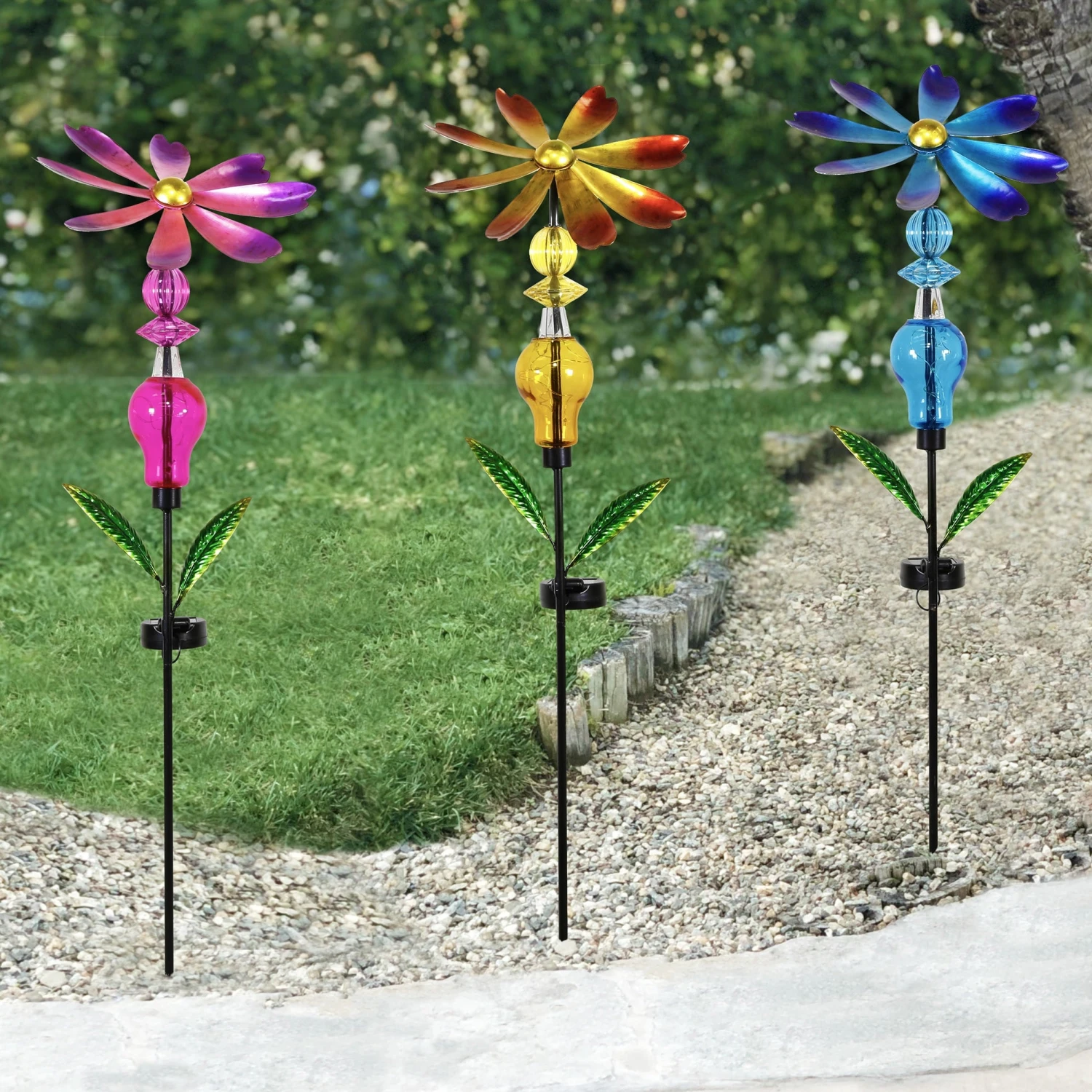Bejeweled Metal Spinning Floral Solar Stake Light 3 Bejeweled Metal Spinning Floral Solar Stake Light - Image 3