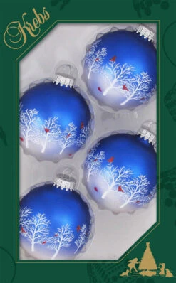 Set Of 4 Blue & Pearl Glass Ornaments With Snowy Trees & Cardinals