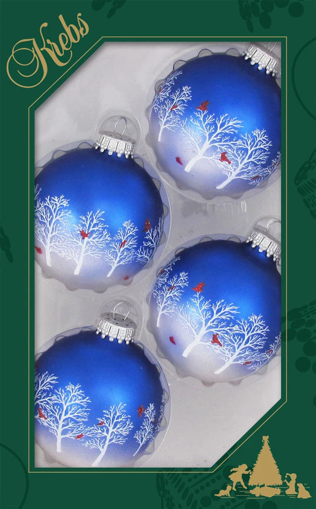 Set Of 4 Blue & Pearl Glass Ornaments With Snowy Trees & Cardinals 1 Set Of 4 Blue & Pearl Glass Ornaments With Snowy Trees & Cardinals