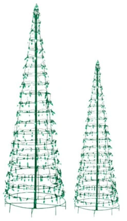 Set Of 2 Wire Cone Trees With Green Twinkling LED Lights
