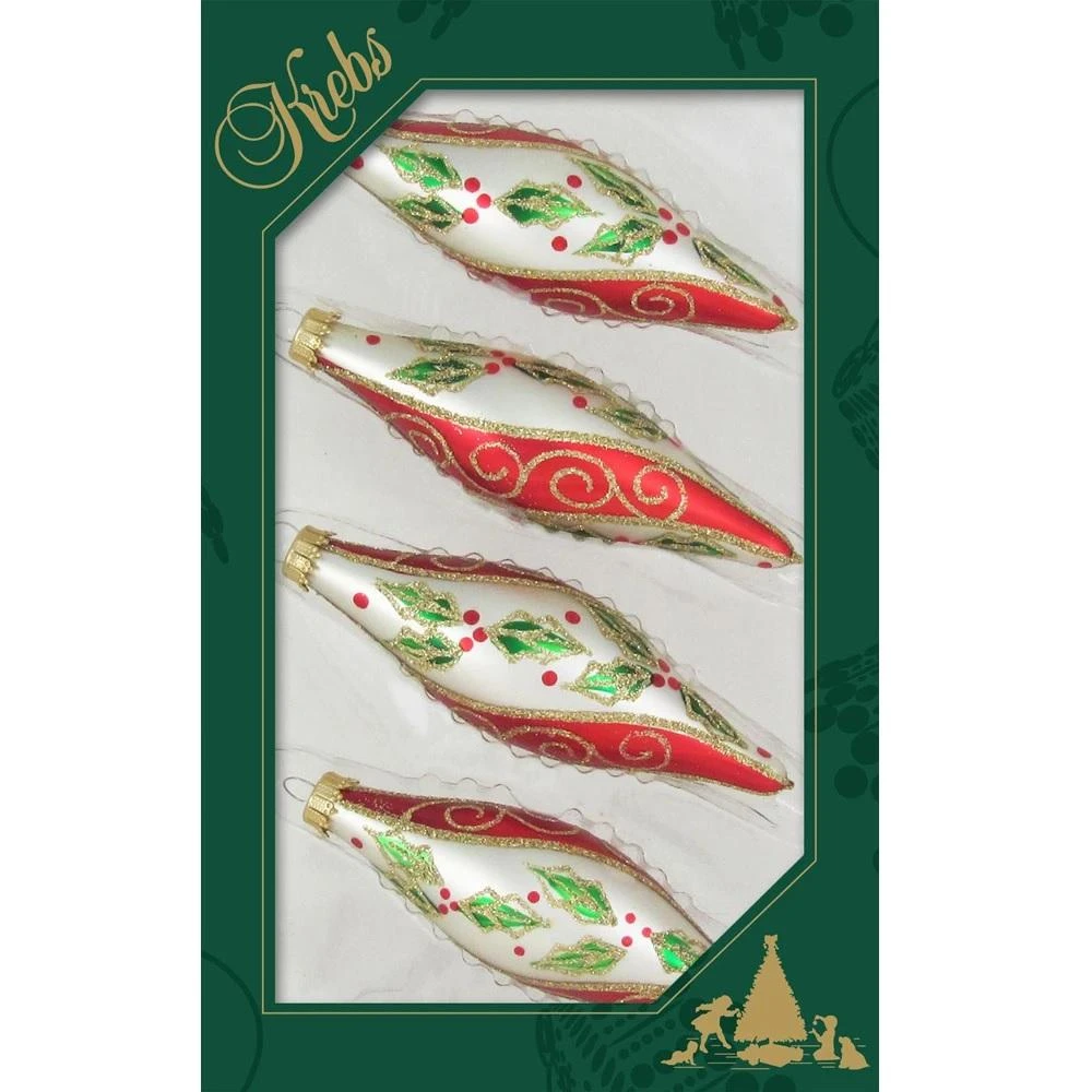 Set Of 4 Chiffon Red Stripe, Green Holly Leaves And Gold Glitter Glass Christmas Ornaments 3 Set Of 4 Chiffon Red Stripe, Green Holly Leaves And Gold Glitter Glass Christmas Ornaments - Image 3
