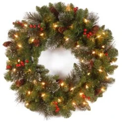 Pre-Lit Classic Spruce Wreath With Warm White Lights, Pine Cones And Berries