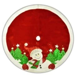 48" Red Velvet Metallic Embroidered Snowman Christmas Tree Skirt With Faux Fur Border