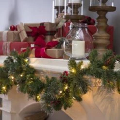 9' Classic Spruce Pre-Lit Garland With Frosted Tips, Berries And Pine Cones -Courtyard Home Furnishings Store cfb9964632656fc80283907baff4d0db