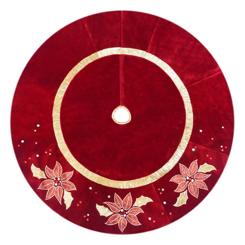 48" Burgundy Applique And Embroidered Poinsettia Velvet Christmas Tree Skirt 1 48" Burgundy Applique And Embroidered Poinsettia Velvet Christmas Tree Skirt